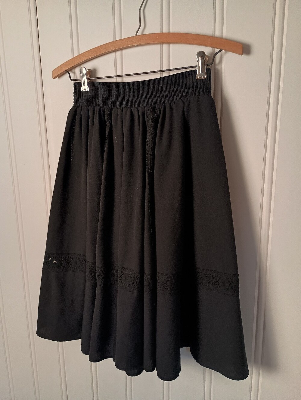 70s Vintage Malco Modes- Black A-Line Smocked Waist Skirt- Size S